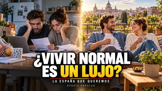 Contraste entre una pareja preocupada por las facturas y una vida cotidiana tranquila, con el titular «¿Vivir normal es un lujo?»