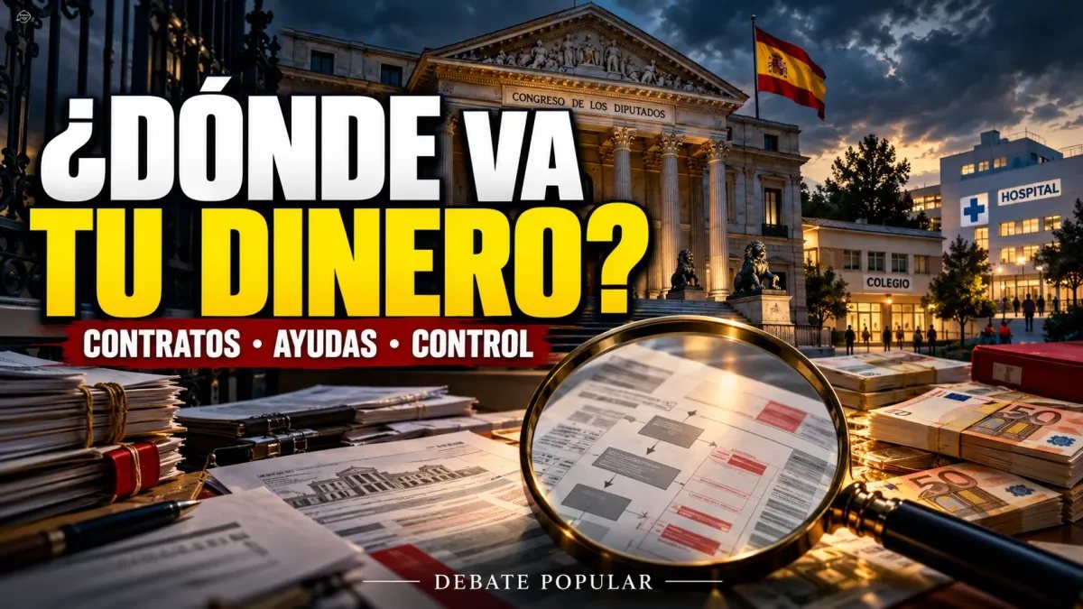 Montaje editorial del Congreso, contratos públicos, una lupa y servicios sanitarios y educativos, con el titular «¿Dónde va tu dinero?»