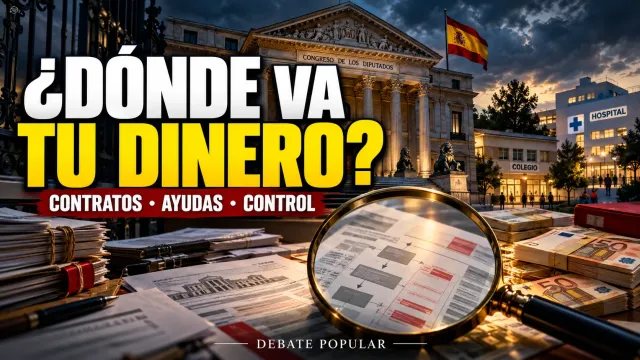 Montaje editorial del Congreso, contratos públicos, una lupa y servicios sanitarios y educativos, con el titular «¿Dónde va tu dinero?»
