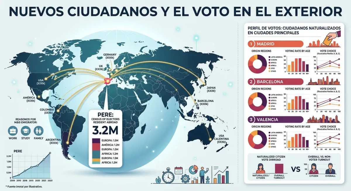 Gráfico explicativo sobre las tendencias de voto de los residentes españoles en el extranjero y la población nacionalizada.