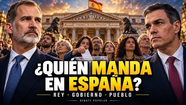 Montaje editorial de Felipe VI, Pedro Sánchez y ciudadanos ante el Congreso, con el titular «¿Quién manda en España?»