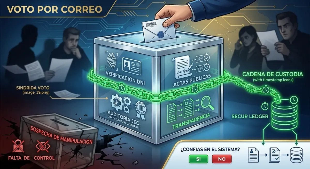 Gráfico explicativo sobre la cadena de custodia del voto por correo y los mecanismos de verificación frente a las sospechas.