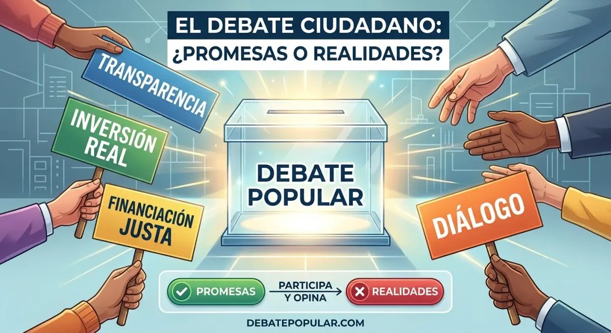 Ilustración conceptual de una urna de Debate Popular rodeada de demandas ciudadanas como transparencia, inversión real y diálogo, invitando a votar y opinar.